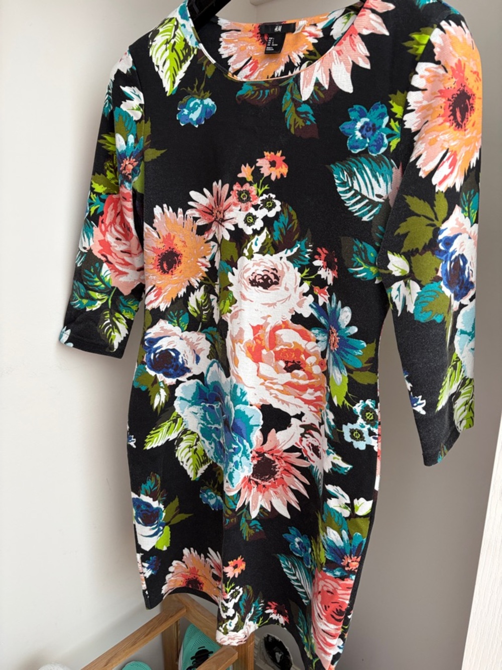 H&M Black Floral Long Sleeve Fit-and-Flare Dress